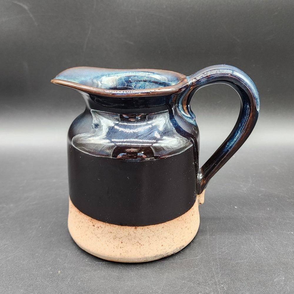 Unbranded 5in Blue Brown Studio Pottery Pitcher Handcrafted Stoneware Drip Glaze